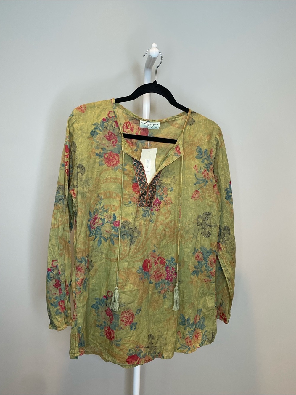 Vintage Goa Olive Green Boho Floral Tunic with Embroidered Neckline